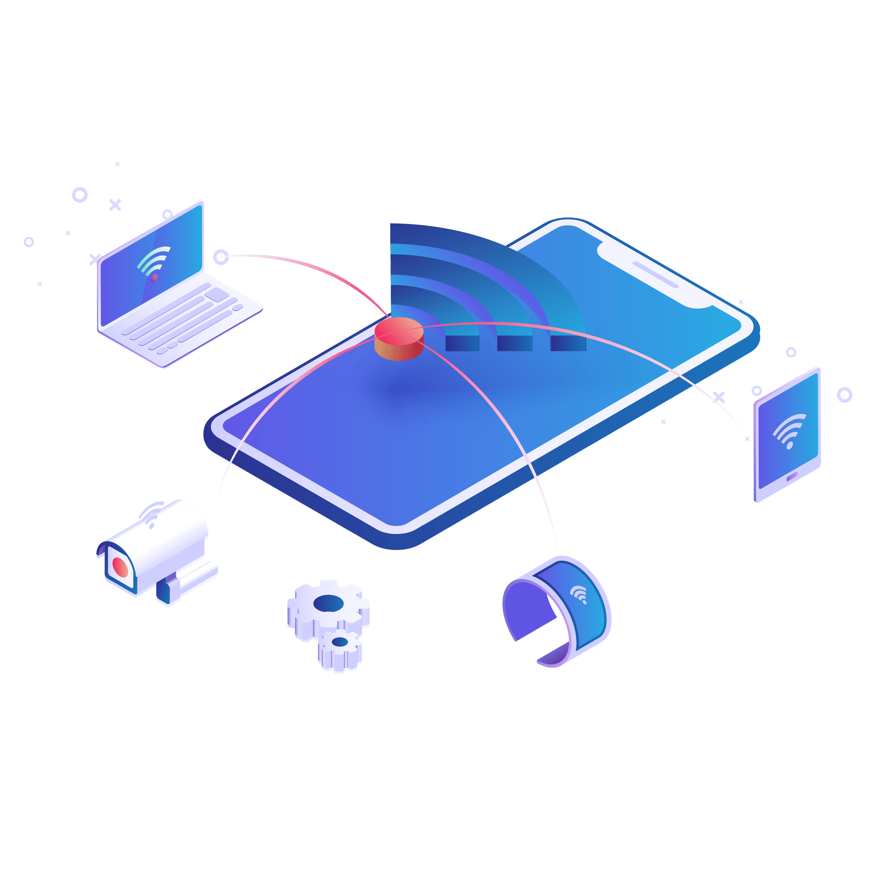 graphic of mobile phone surrounded by auxiliary devices